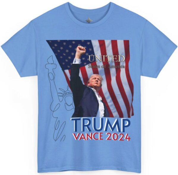 TRUMP VANCE 2024, with Trump's Fist Raised and American Flag, Unisex Heavy Cotton Tee