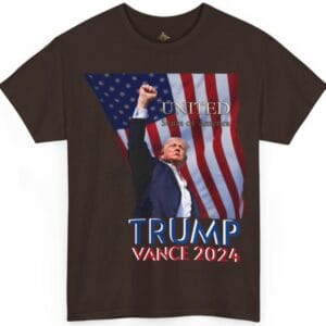 TRUMP VANCE 2024, with Trump's Fist Raised and American Flag, Unisex Heavy Cotton Tee1