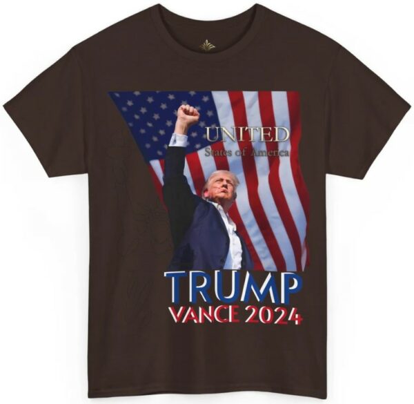 TRUMP VANCE 2024, with Trump's Fist Raised and American Flag, Unisex Heavy Cotton Tee1