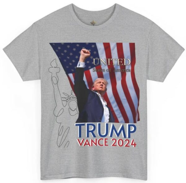 TRUMP VANCE 2024, with Trump's Fist Raised and American Flag, Unisex Heavy Cotton Tee2