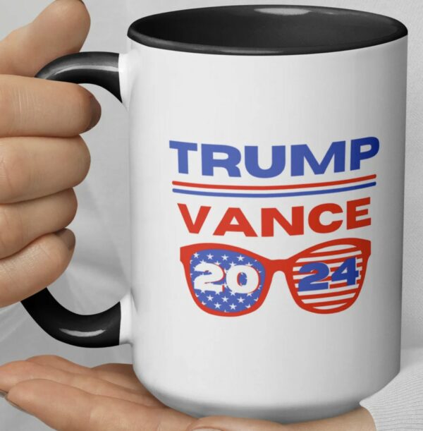 Trump Vance 2024 Presidential Election Sunglasses Coffee or Tea Mug with Color Inside 15 oz. or 11 oz., Red or Black Stars Stripes