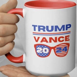 Trump Vance 2024 Presidential Election Sunglasses Coffee or Tea Mug with Color Inside 15 oz. or 11 oz., Red or Black Stars Stripes3