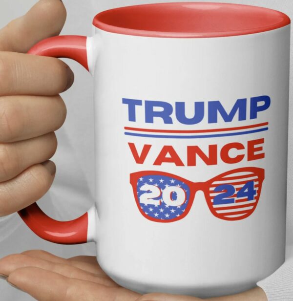 Trump Vance 2024 Presidential Election Sunglasses Coffee or Tea Mug with Color Inside 15 oz. or 11 oz., Red or Black Stars Stripes3