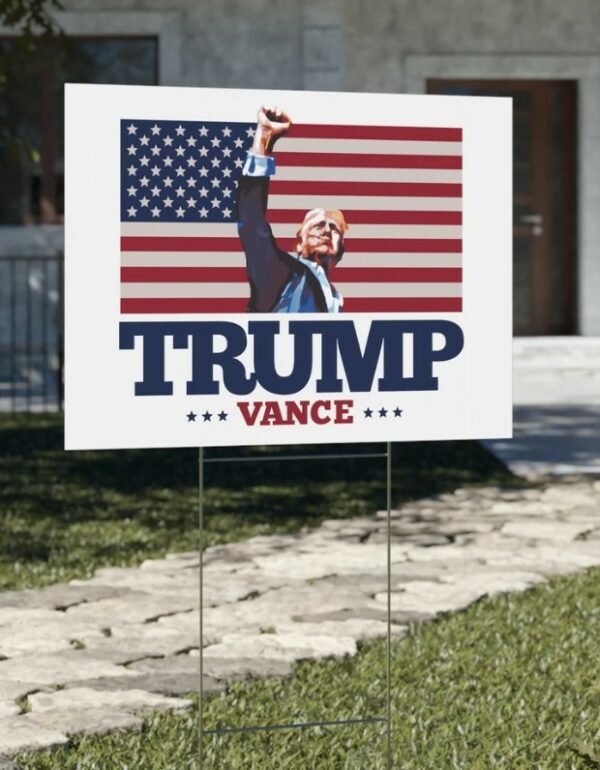 TRUMP VANCE Fist Pump Yard Sign • 2024 Presidential Election • Double Sided Heavy Duty Lawn Sign with Metal Stand • USA American Flag Maga2