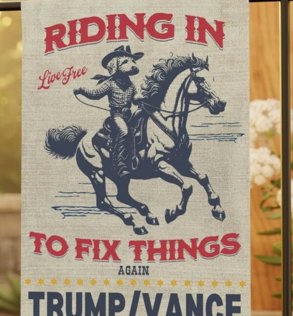 TrumpVance 2024 Election Yard Flag Save America Retro Western Republican GOP Rally Banner MAGA Garden Flag for Conservative Dog Lovers