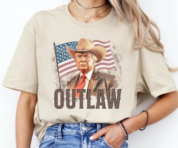 Cowboy Outlaw Trump 2024 MAGA Shirt, Trump Supporter Gift, Trump Rally, Retro Western American Flag, Country Western, Felon Trump Shirt