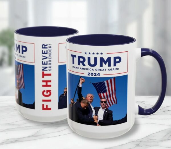 Donald Trump 2024 Ceramic Coffee Mug, Trump Assassination Attempt Coffee Mug, Trump Fist Pump Cup 11oz & 15oz, Fight Never Surrender