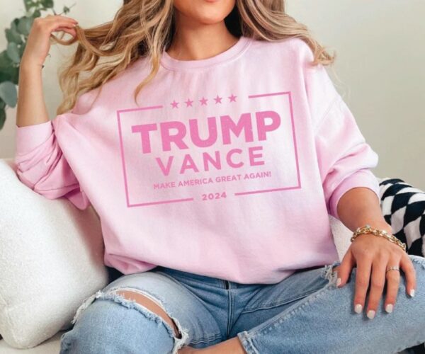 Pink Trump Vance 2024 Sweatshirt, 24 President Election Sweater, American Patriot Crew Neck for Conservative Women, MAGA Republican Gifts