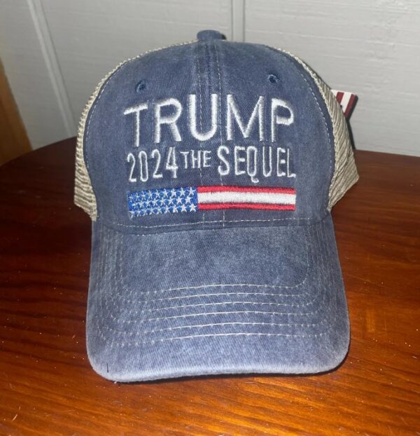 Trump 2024 Sequel Trucker Hat,Trump baseball cap, Unisex,Patriotic Apparel,America,USA,Red, white and blue,Denim Trump Cap,Distressed Gray