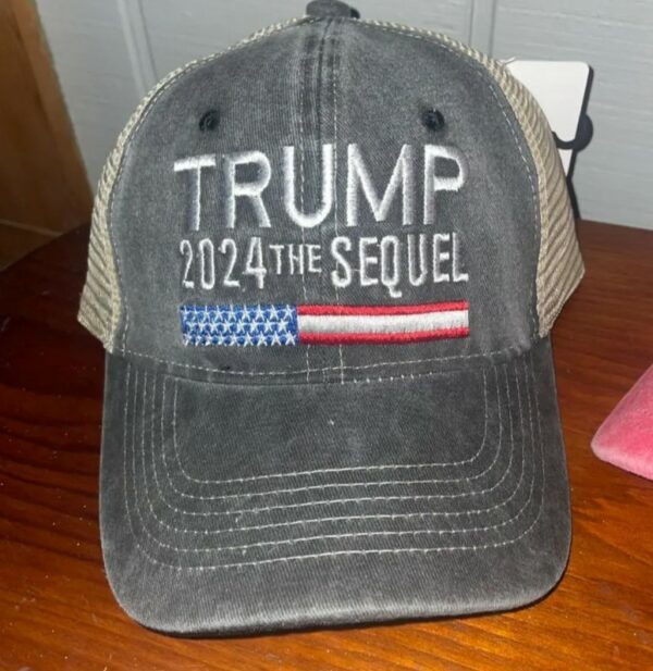 Trump 2024 Sequel Trucker Hat,Trump baseball cap, Unisex,Patriotic Apparel,America,USA,Red, white and blue,Denim Trump Cap,Distressed Gray2